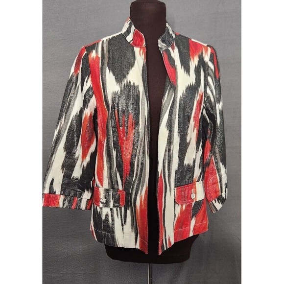 Chico's Red White Black Abstract Shimmer Open Front Linen Blend Jacket Sz 0 S - Picture 1 of 9